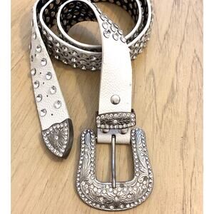 Y2K White Leather Rhinestone Studded Belt Western Bling Silver Buckle Cowgirl M